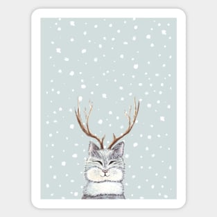 Cat with stag horns under the snowflakes Sticker